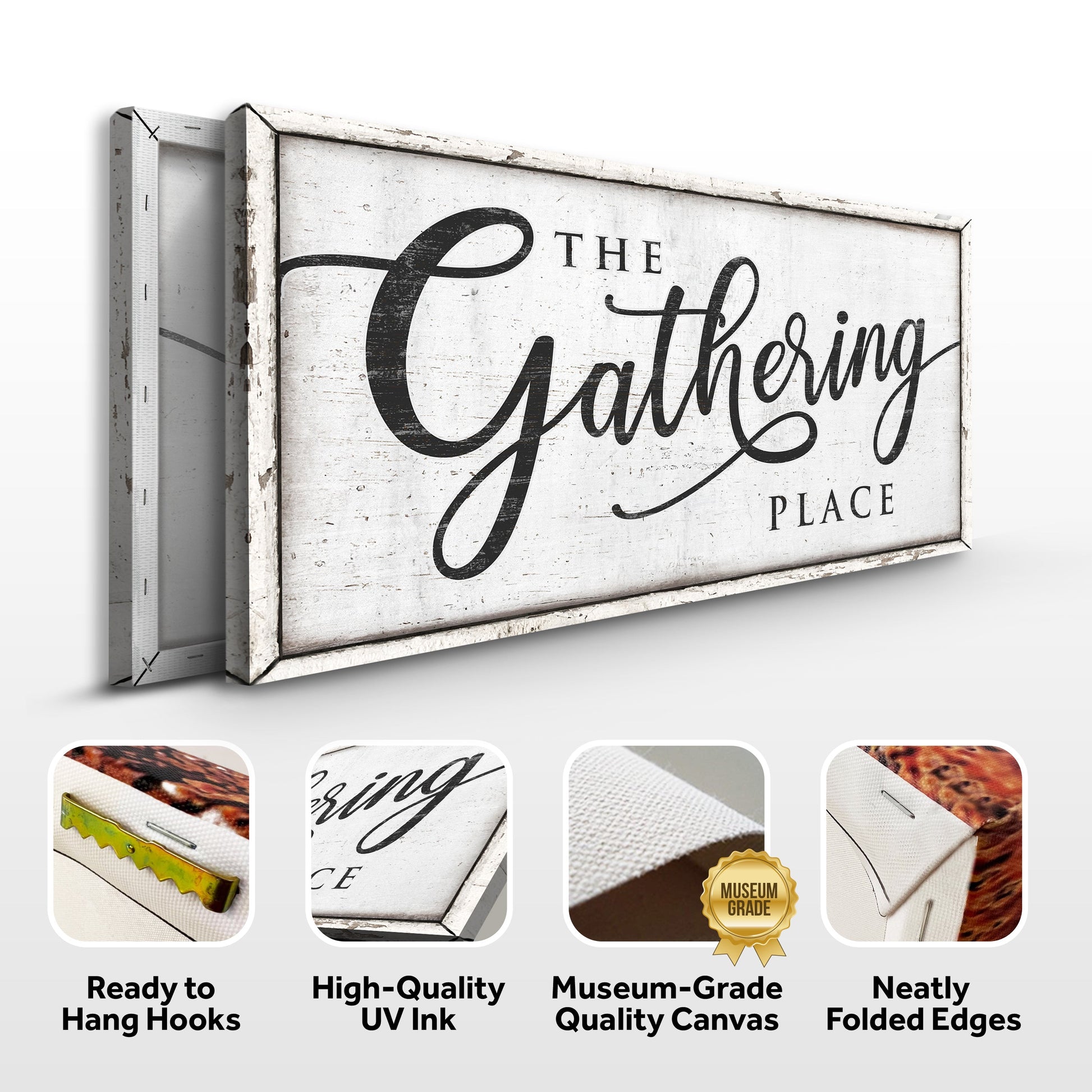 The Gathering Place Sign II canvas by Tailored Canvases; white frame with black cursive text on Tampa Home & Garden Store