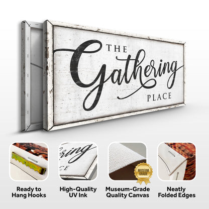 The Gathering Place Sign II canvas by Tailored Canvases; white frame with black cursive text on Tampa Home & Garden Store