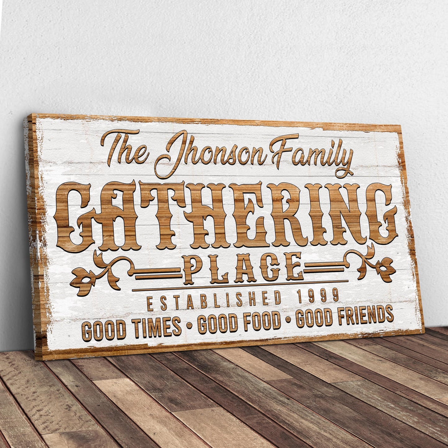 Canvas Gathering Place Sign II by Tailored Canvases with rustic wood panel and family name on Tampa Home & Garden Store