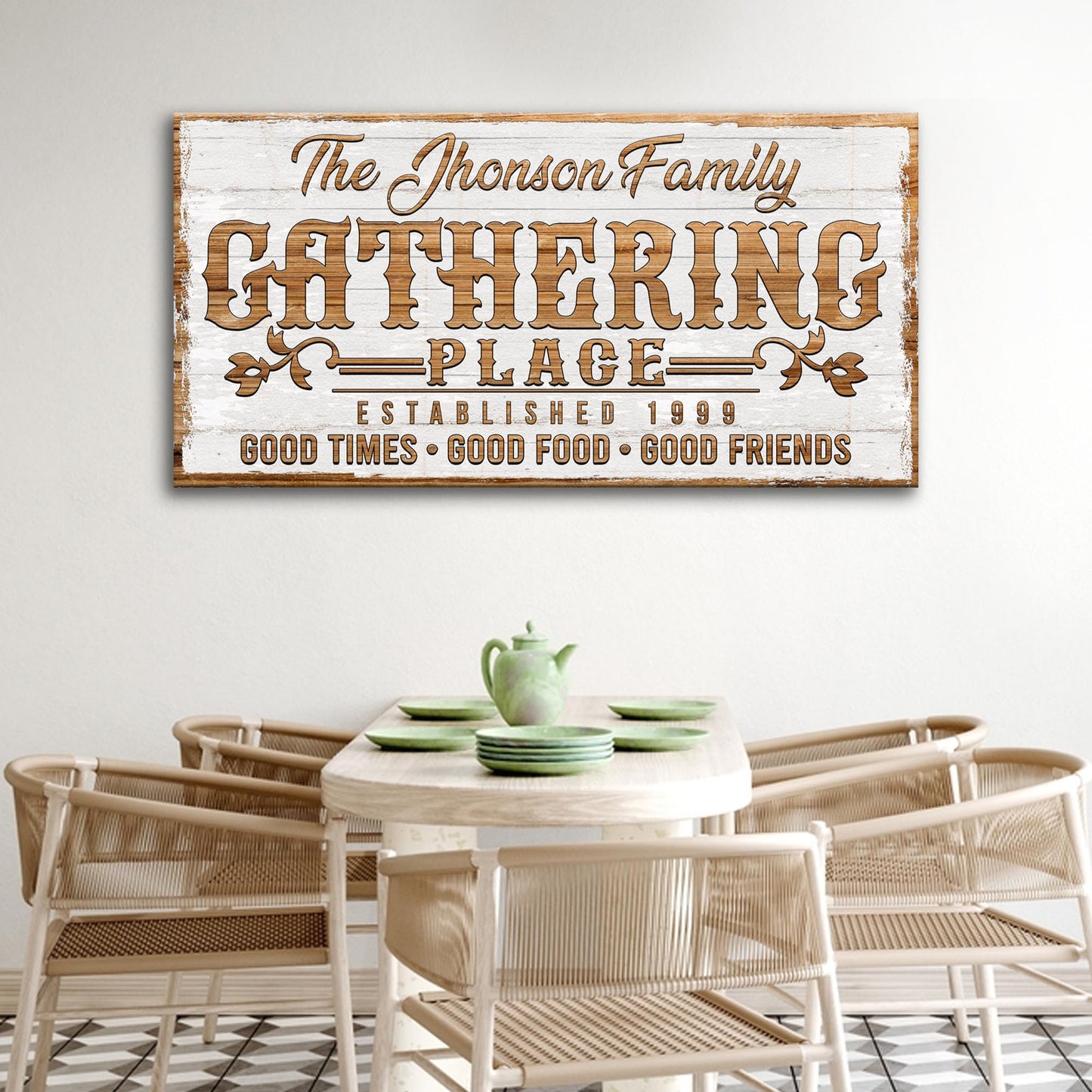 Gathering Place Personalized Sign II canvas with wood backdrop and brown lettering on Tampa Home & Garden Store