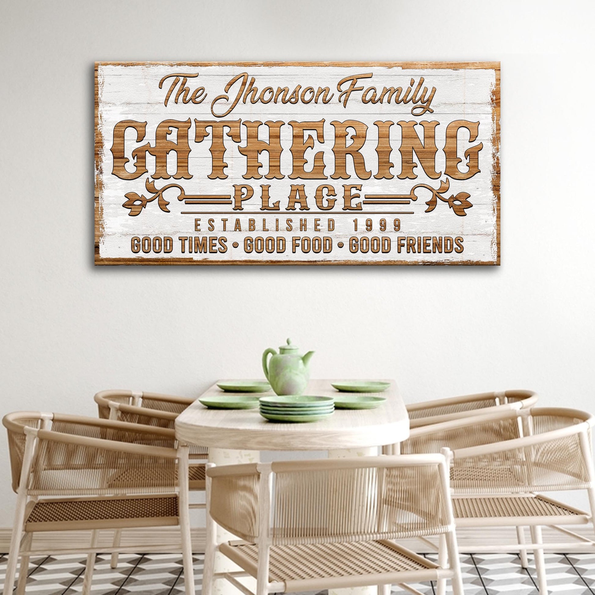Gathering Place Personalized Sign II canvas with wood backdrop and brown lettering on Tampa Home & Garden Store