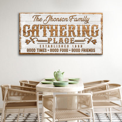Gathering Place Personalized Sign II canvas with wood backdrop and brown lettering on Tampa Home & Garden Store