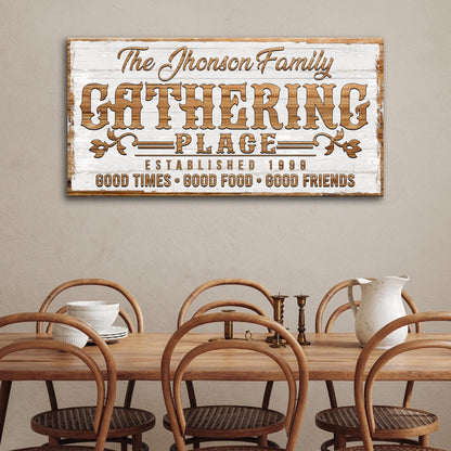 Gathering Place Personalized Sign II canvas with whitewashed wood and bold lettering on Tampa Home & Garden Store