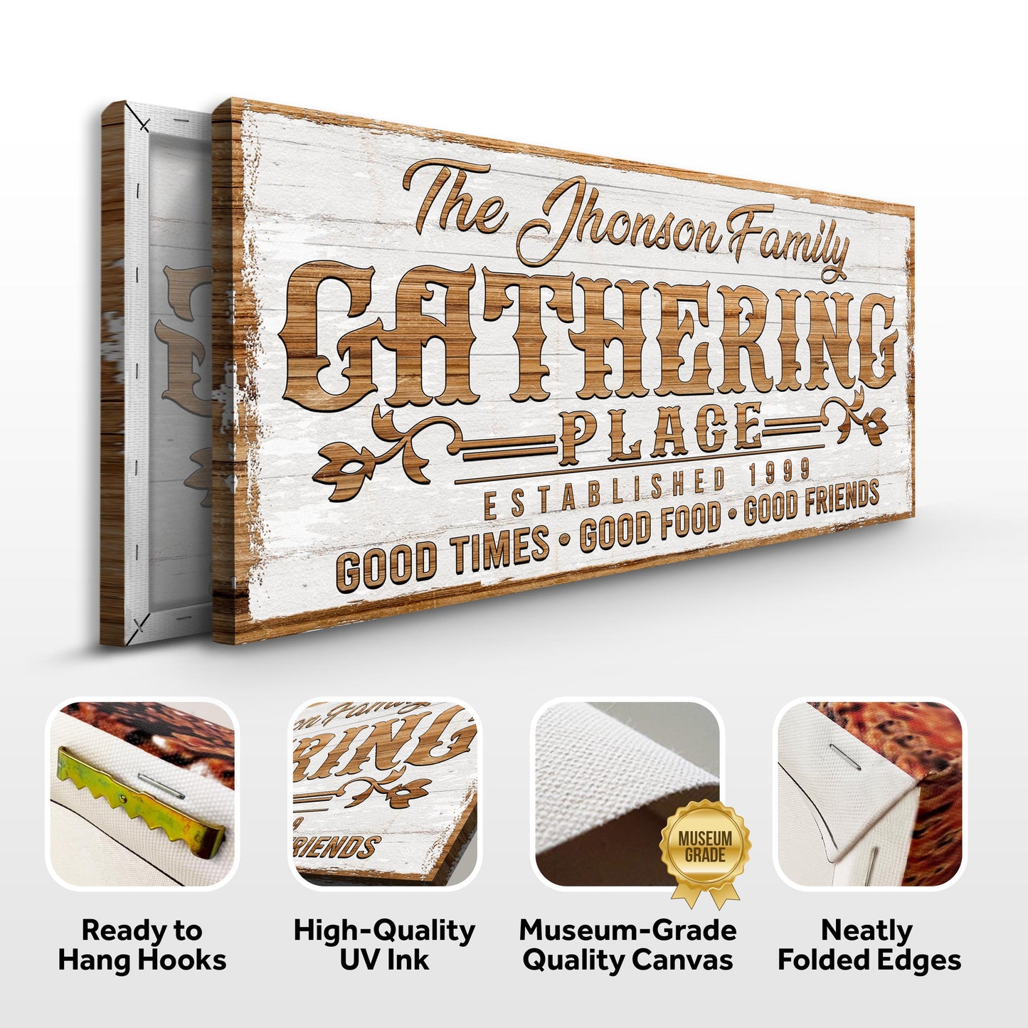 Canvas Gathering Place Personalized Sign II by Tailored Canvases with weathered white wood panel on Tampa Home & Garden Store