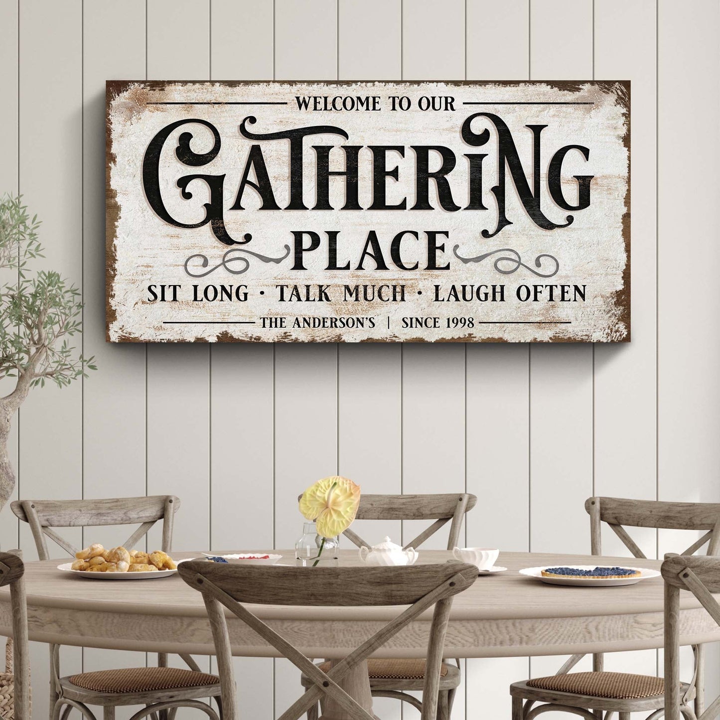 Gathering Place personalized sign canvas with distressed finish by Tailored Canvases on Tampa Home & Garden Store