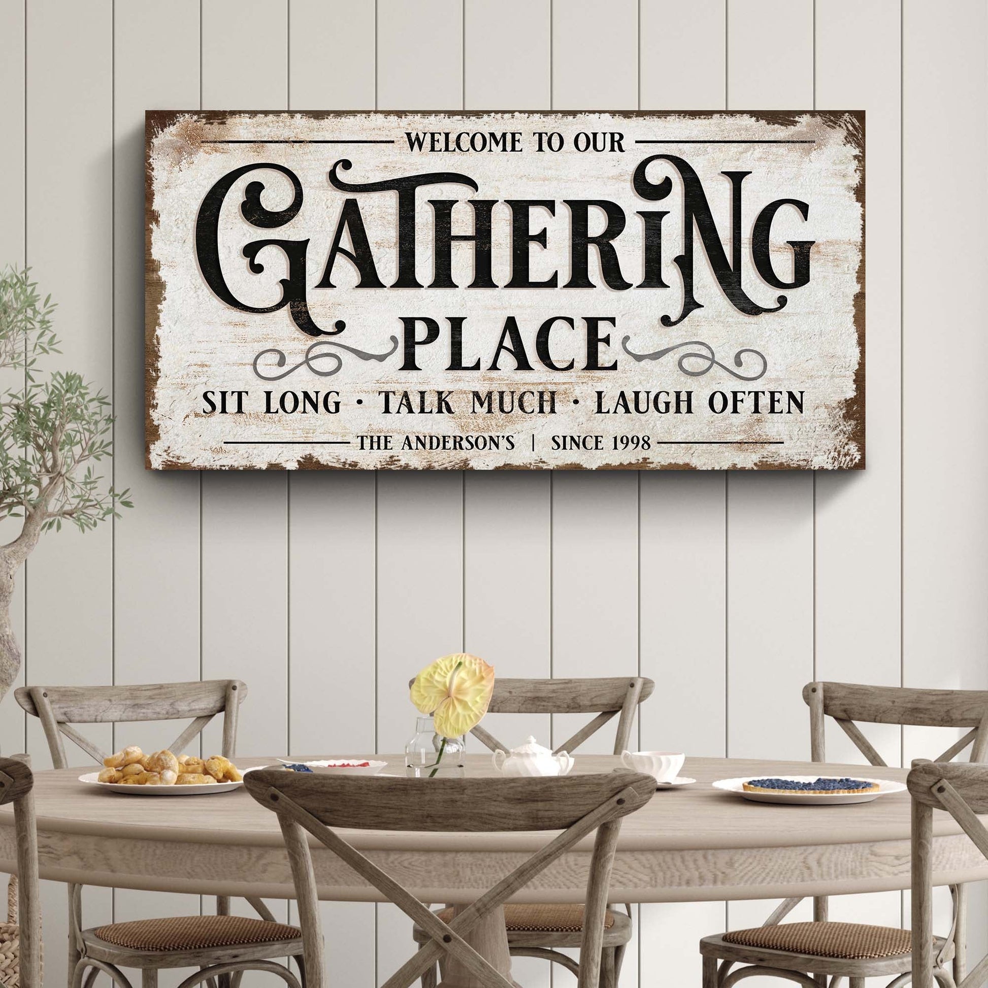 Gathering Place personalized sign canvas with distressed finish by Tailored Canvases on Tampa Home & Garden Store