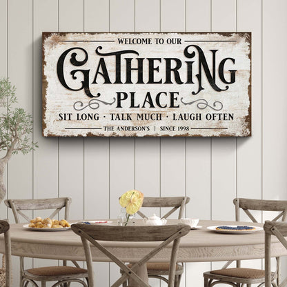 Gathering Place personalized sign canvas with distressed finish by Tailored Canvases on Tampa Home & Garden Store