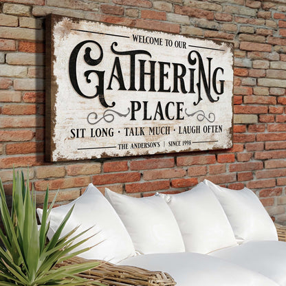 Gathering Place Personalized Canvas Sign by Tailored Canvases with rustic background on Tampa Home & Garden Store