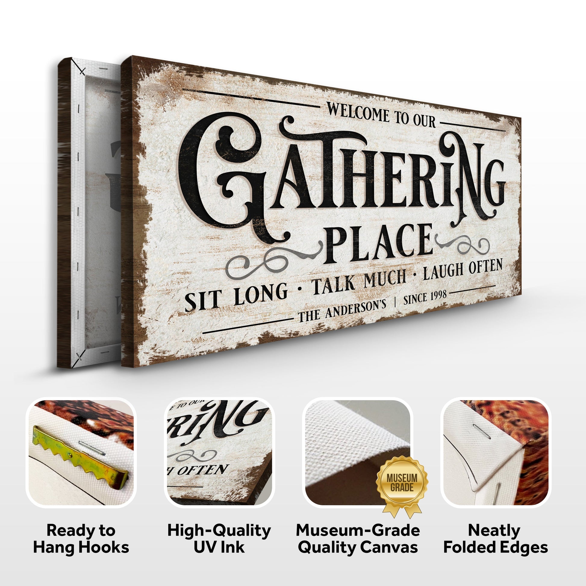 Gathering Place Personalized Sign Canvas by Tailored Canvases with distressed vintage typography on Tampa Home & Garden Store