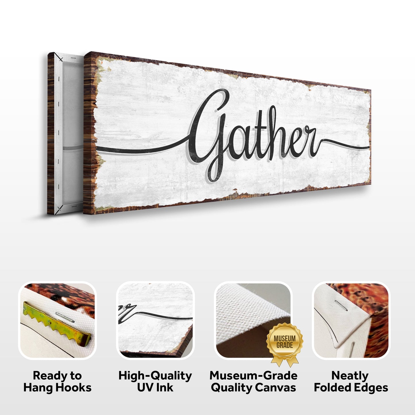 Gather Wall Art Sign canvas with weathered white wood and rustic frame Tailored Canvases on Tampa Home & Garden Store
