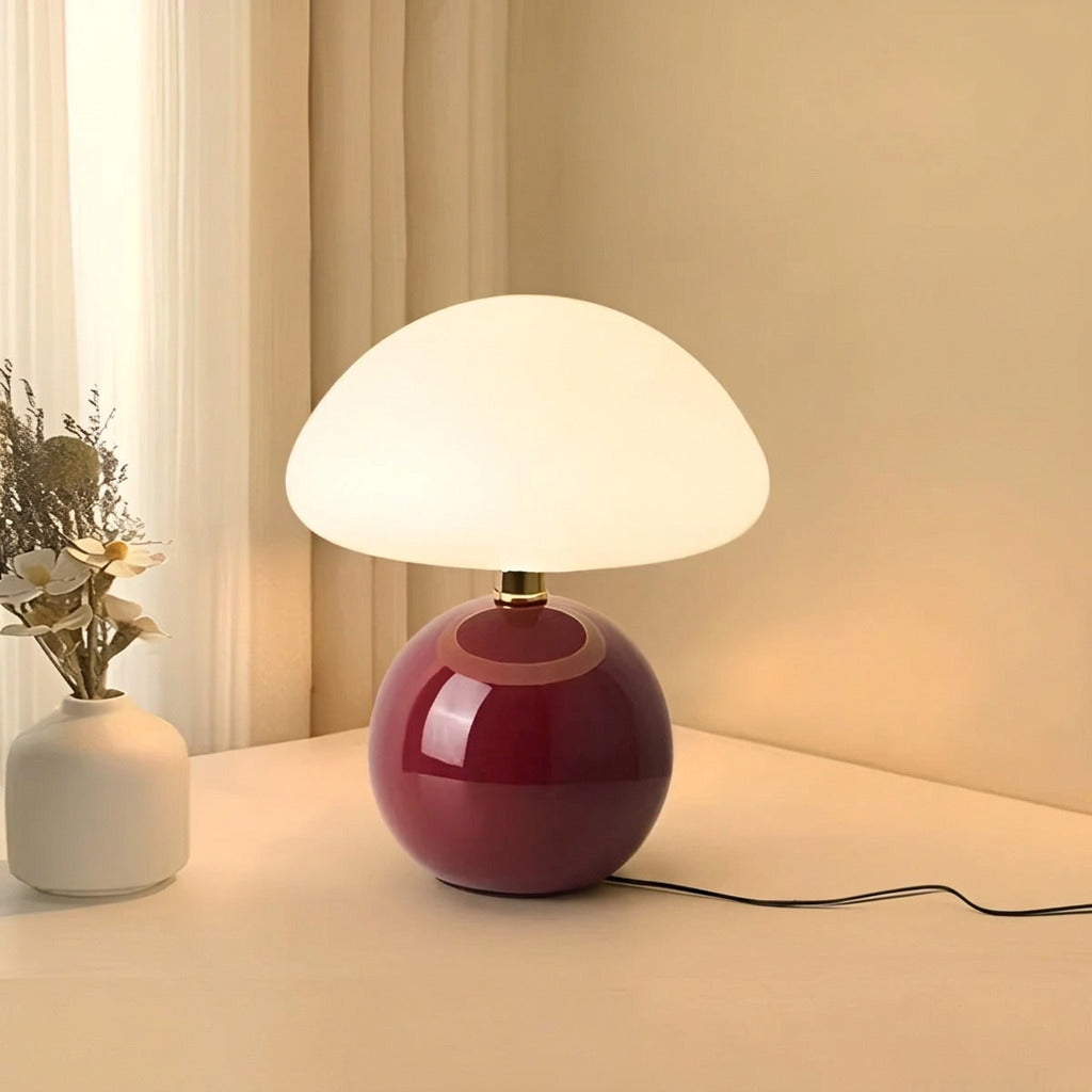 USB Mushroom Lamp by Moktan Sabai; pink base with mushroom shade on table beside lamp and vase on Tampa Home & Garden Store