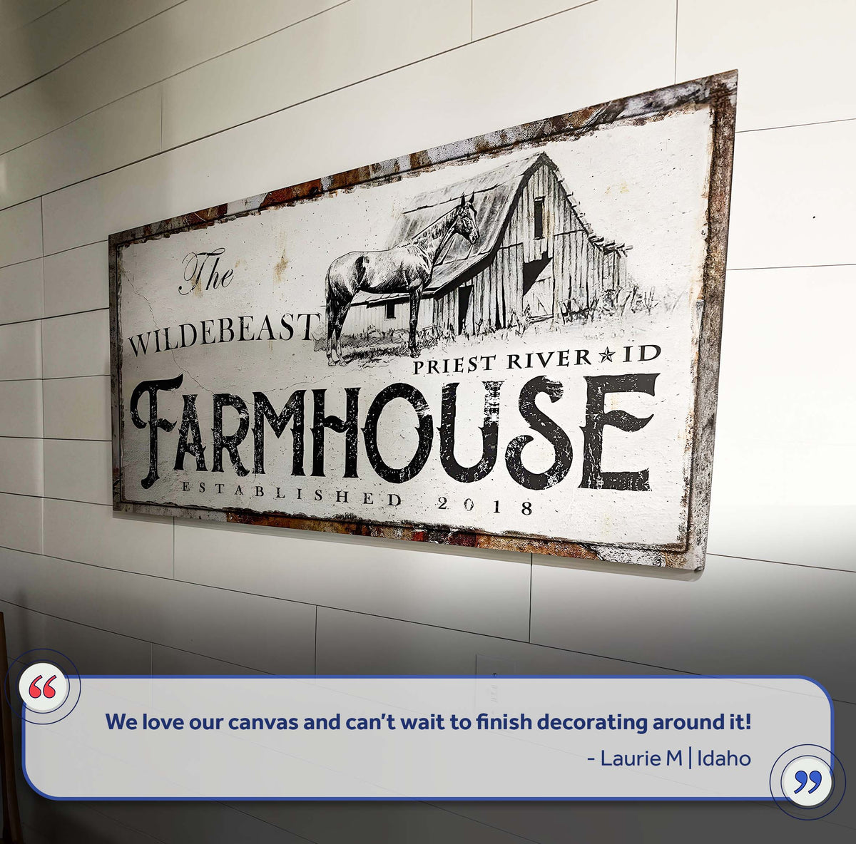 Rustic horse farmhouse sign canvas by Tailored Canvases with barn and horse sketch on Tampa Home & Garden Store