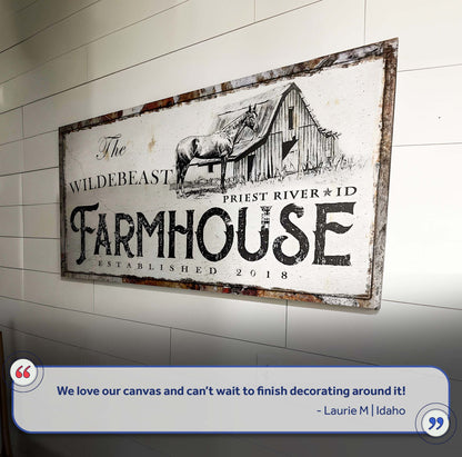 Rustic horse farmhouse sign canvas by Tailored Canvases with barn and horse sketch on Tampa Home & Garden Store