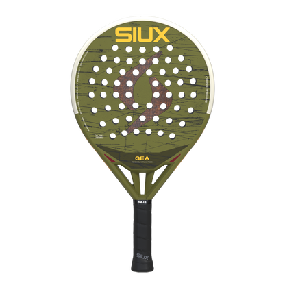 Gea 2 2026 padel racket olive-green face with black holes and yellow SIUX logo Siux USA on Tampa Home & Garden Store