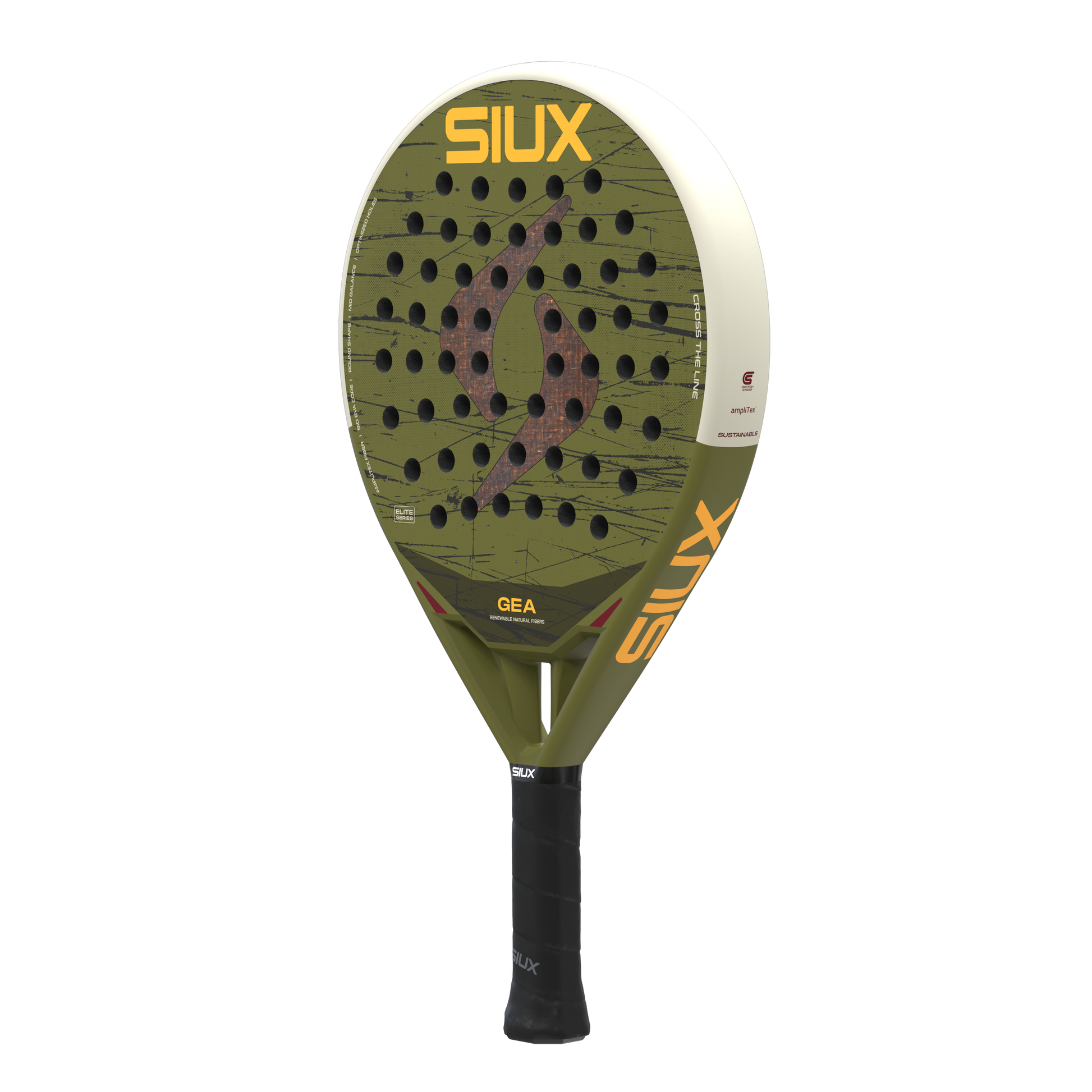 Gea 2 2026 padel racket by Siux USA, olive-green face with black holes, orange SIUX logo on Tampa Home & Garden Store