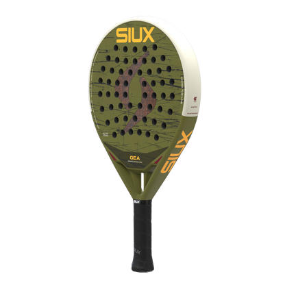 Gea 2 2026 padel racket by Siux USA, olive-green face with black holes, orange SIUX logo on Tampa Home & Garden Store