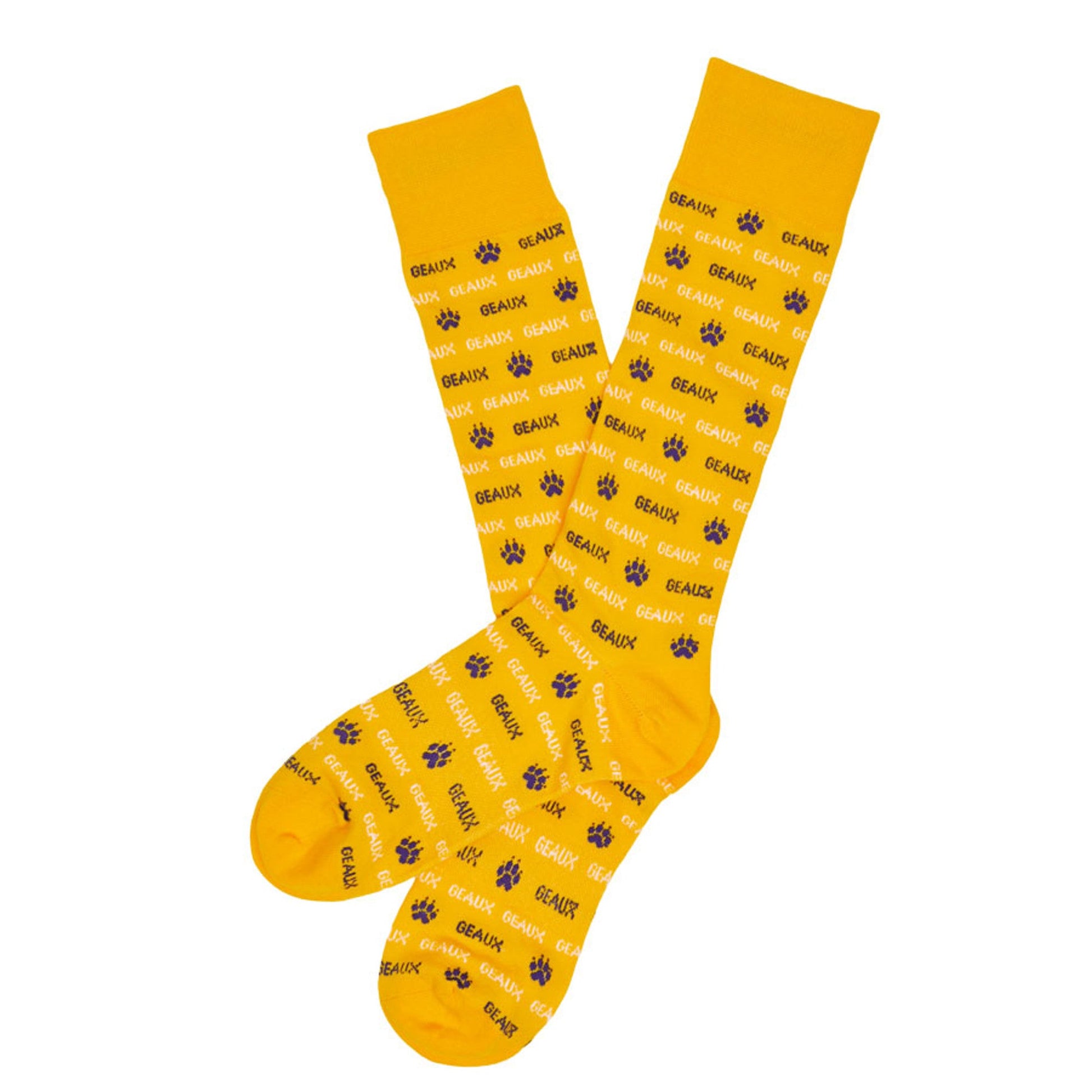 GEAUX - GOLD team colorway socks in bright yellow with purple paw prints by DeadSoxy on Tampa Home & Garden Store