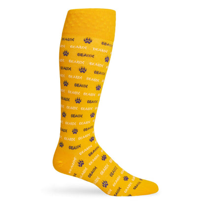GEAUX GOLD DeadSoxy team colorways sock with purple paw prints and repeating GEAUX text on Tampa Home & Garden Store