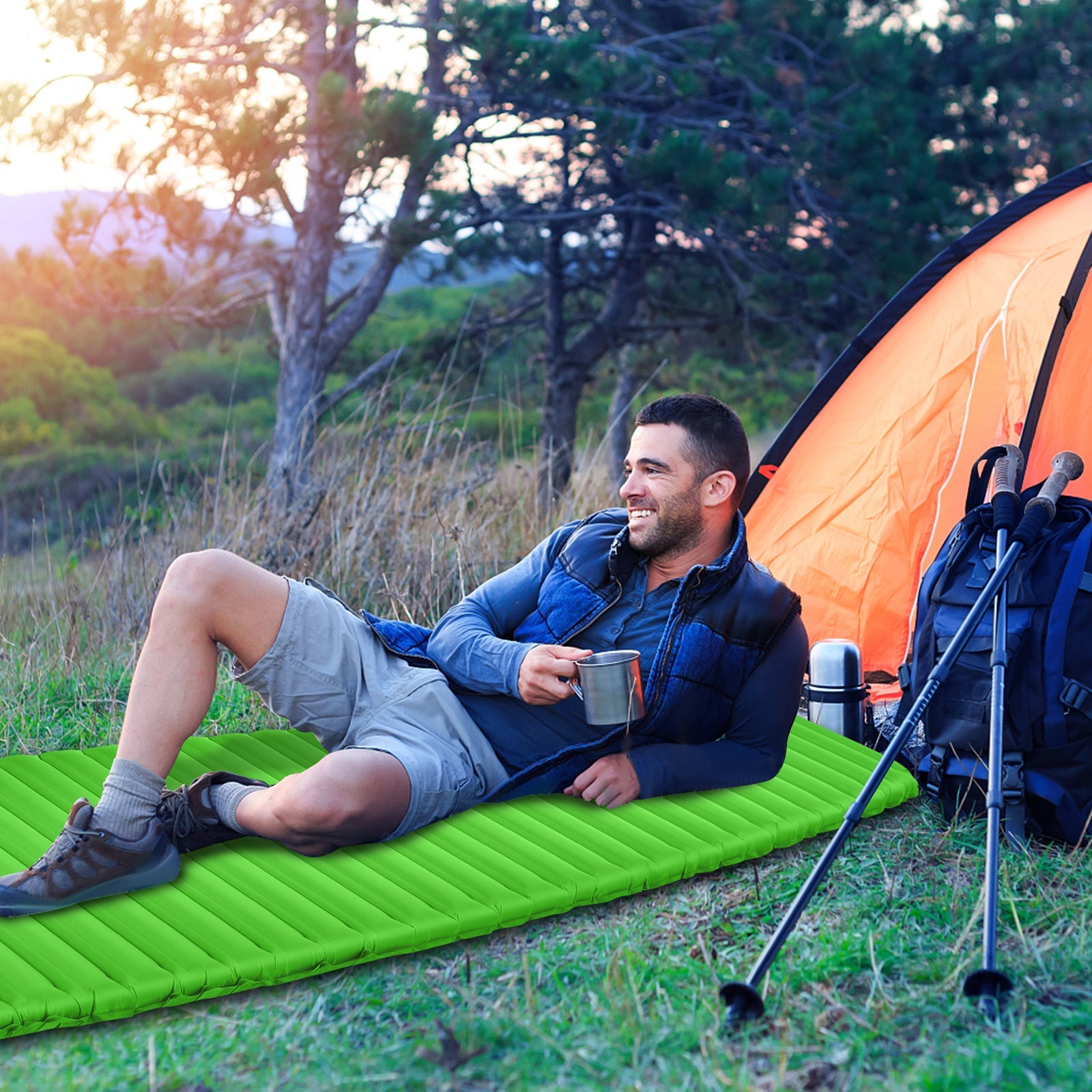 GemGear 3 Inch Thick Inflatable Waterproof Camping Sleeping Pad bright green for camping on Tampa Home & Garden Store