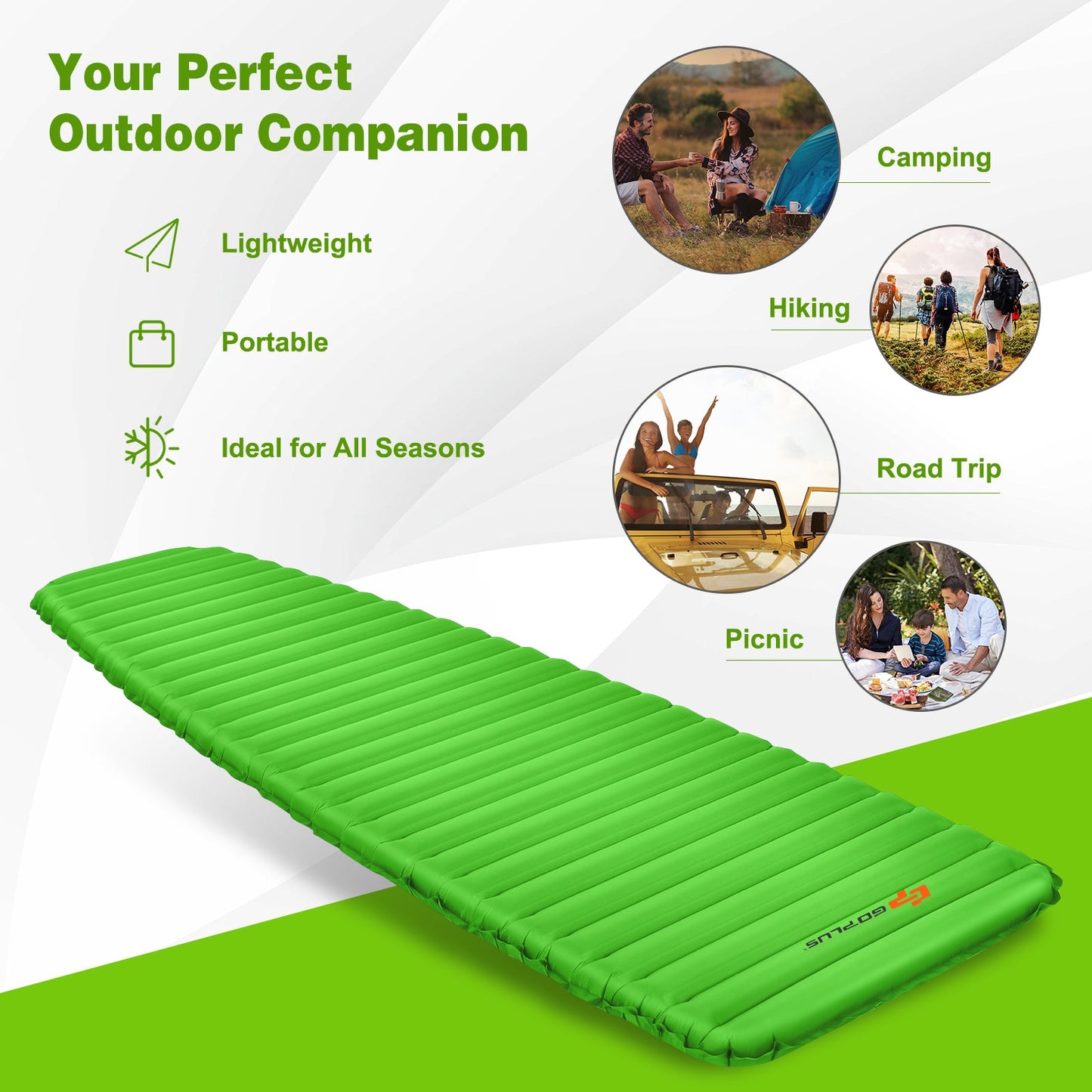 GemGear 3 Inch Thick Inflatable Waterproof Camping Sleeping Pad bright green in foreground on Tampa Home & Garden Store