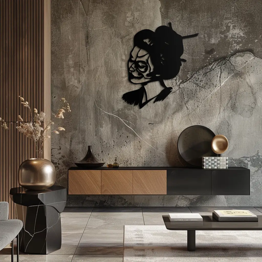 Geisha Skull Fusion metal wall art in black silhouette, modern gothic decor by Enova Art on Tampa Home & Garden Store