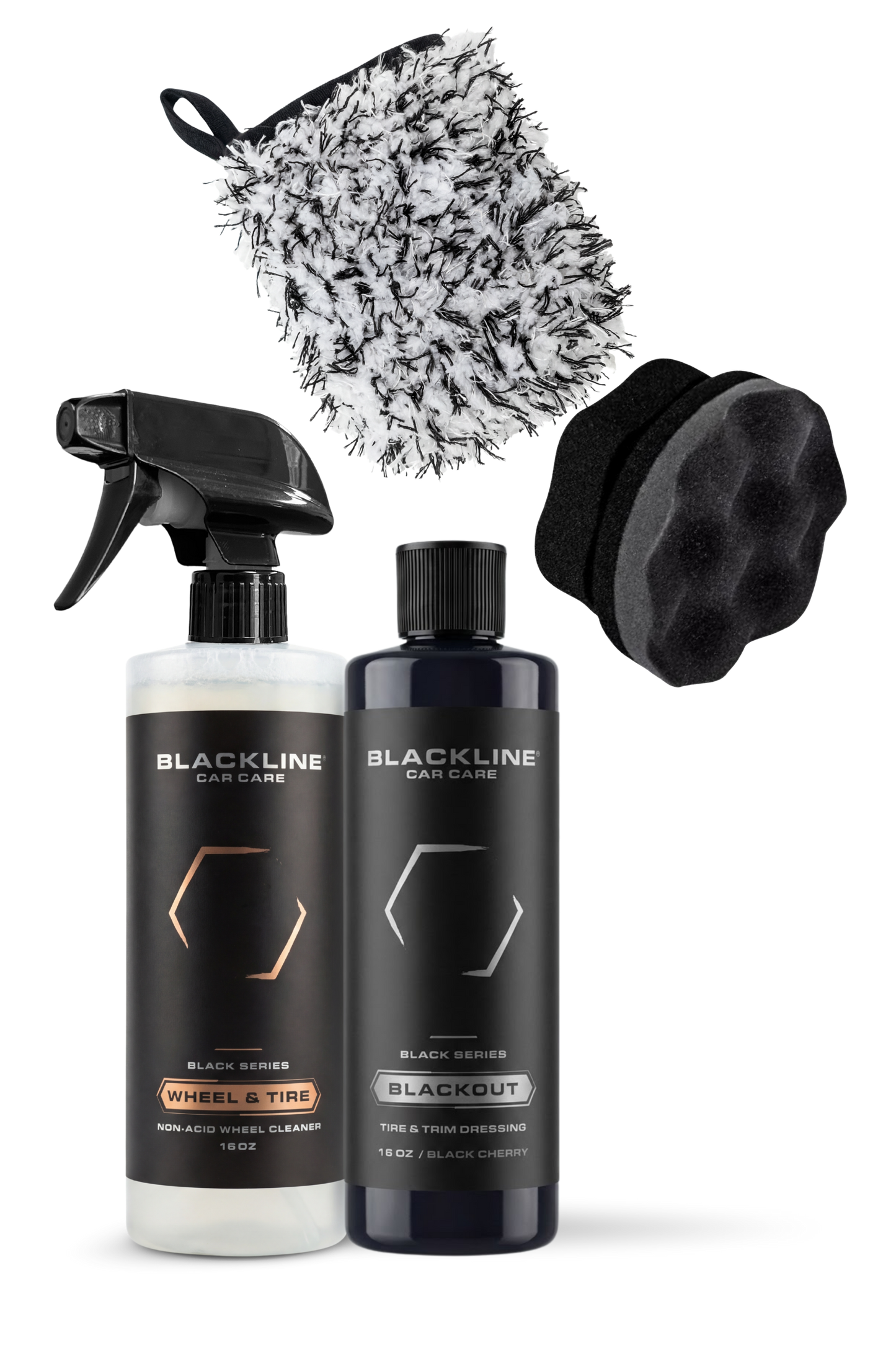 BLACKLINE Blackout Tire & Trim Dressing kit with two wheel & tire cleaner bottles and wash mitt on Tampa Home & Garden Store