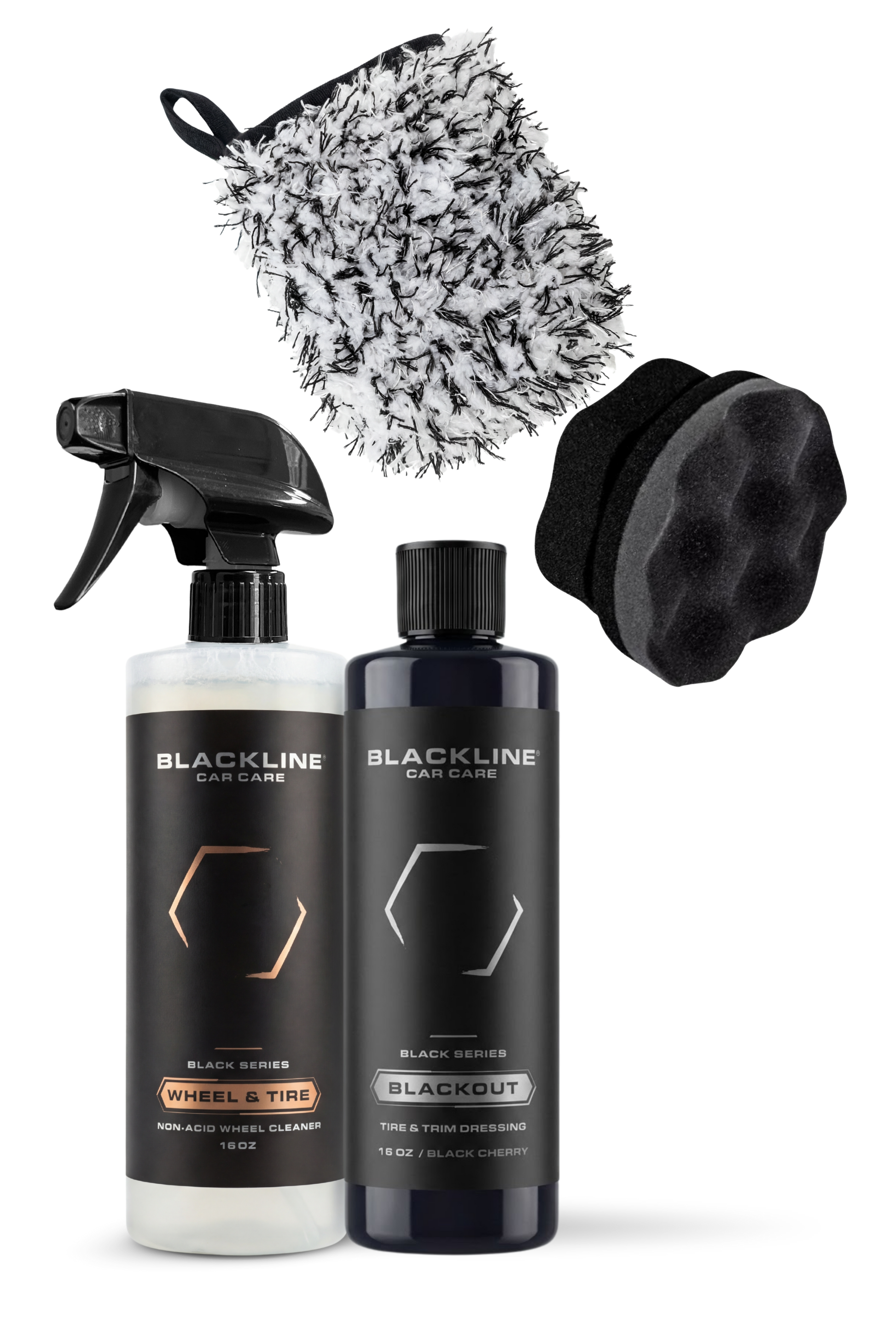 BLACKLINE Blackout Tire & Trim Dressing kit with two wheel & tire cleaner bottles and wash mitt on Tampa Home & Garden Store