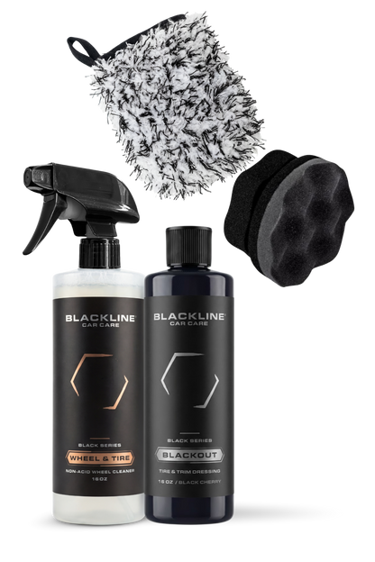 BLACKLINE Blackout Tire & Trim Dressing kit with two wheel & tire cleaner bottles and wash mitt on Tampa Home & Garden Store