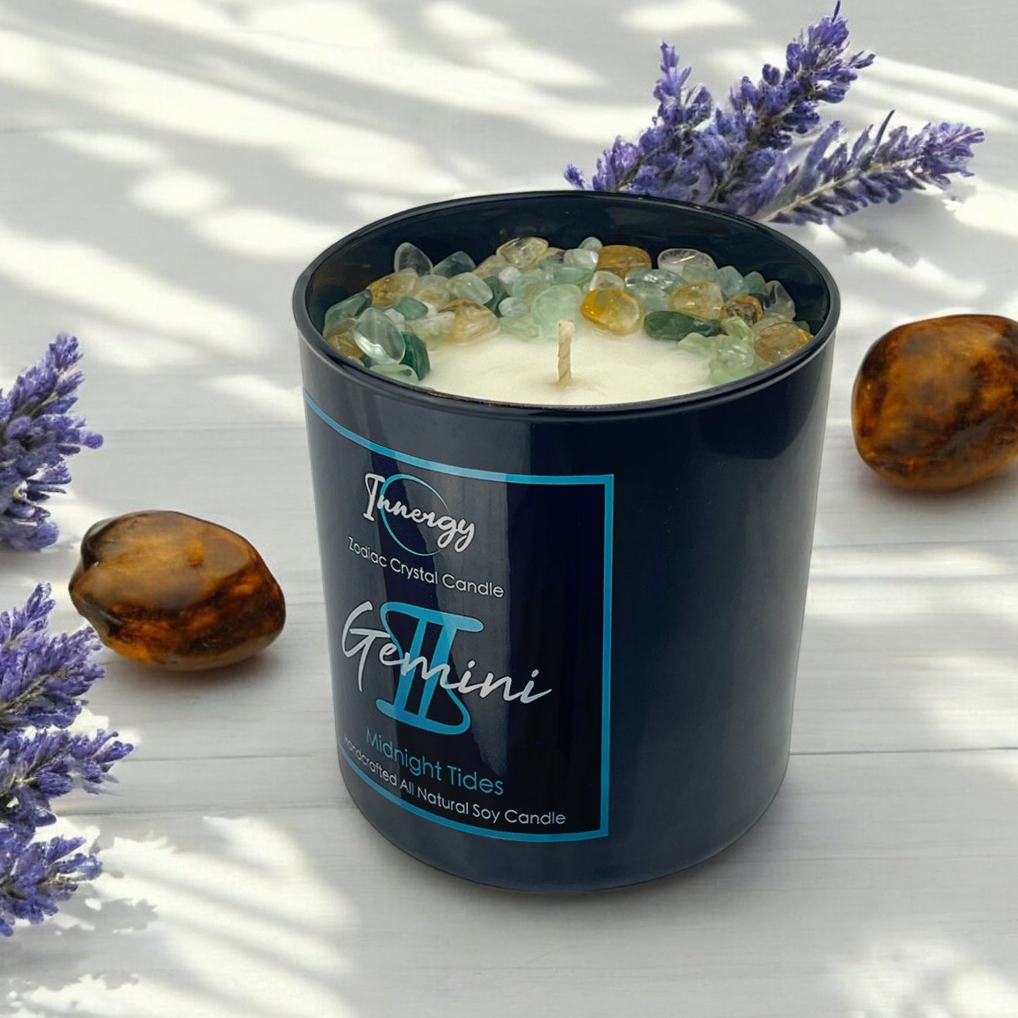 Gemini Zodiac Crystal Candle with Green Fluorite, Citrine, and Green Aventurine | Coconut-Soy Wax Candle, 9oz - Tampa Home & Garden Store