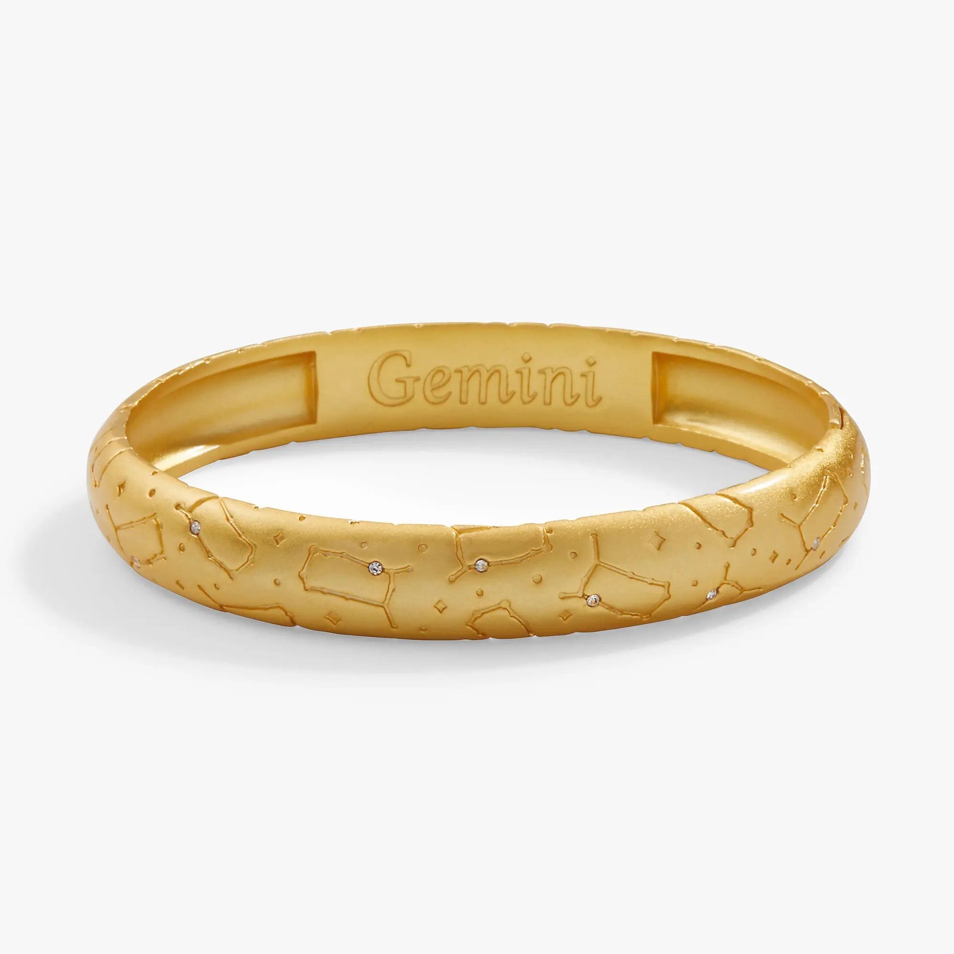 Gemini Zodiac Hinge Bangle bracelet in gold-tone with Gemini etched and crystal accents on Tampa Home & Garden Store