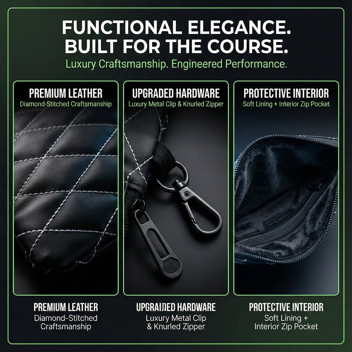 Leather Golf Utility Pouch Premium Leather with diamond-stitching and knurled zipper hardware on Tampa Home & Garden Store