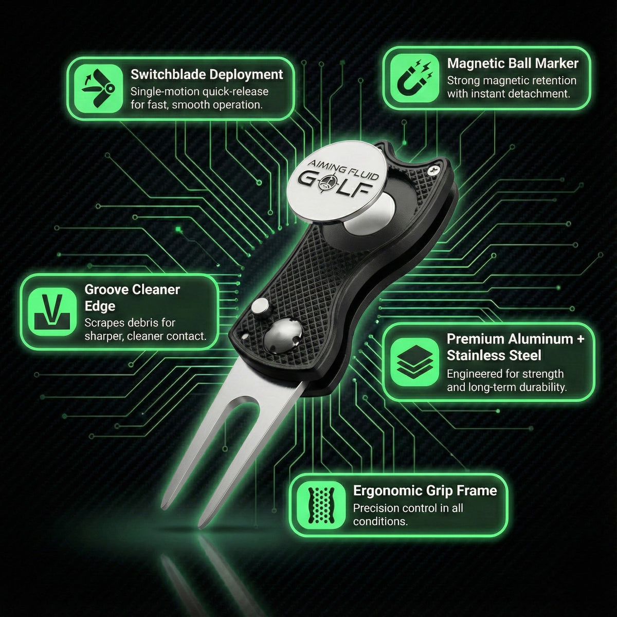 Foldable 5-in-1 divot tool with magnetic ball marker, black body, silver cap, Aiming Fluid Golf on Tampa Home & Garden Store