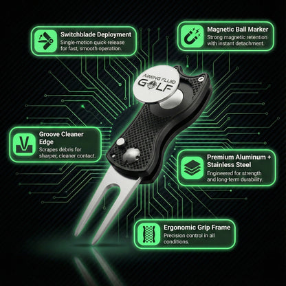 Foldable 5-in-1 divot tool with magnetic ball marker, black body, silver cap, Aiming Fluid Golf on Tampa Home & Garden Store
