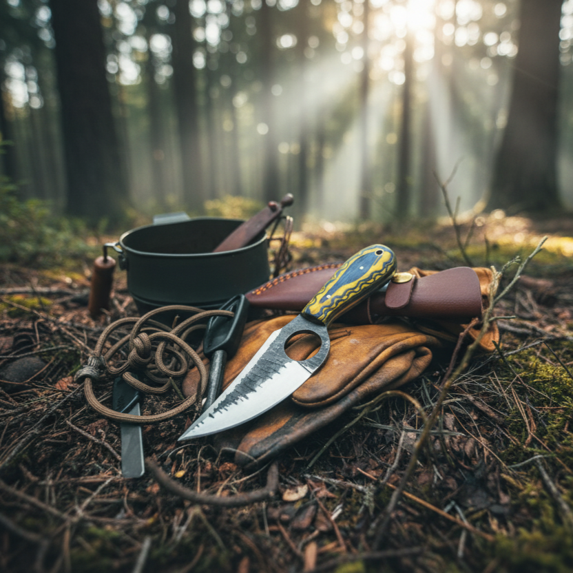 TC-066 hunting knife by Titan Int'l K with yellow-green handle and leather sheath in camp on Tampa Home & Garden Store