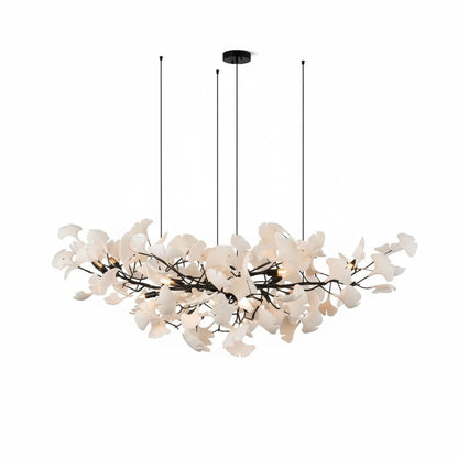 Porcelain Ginkgo Leaf Linear Chandelier with flexible branches by Moktan Sabai, black cords on Tampa Home & Garden Store