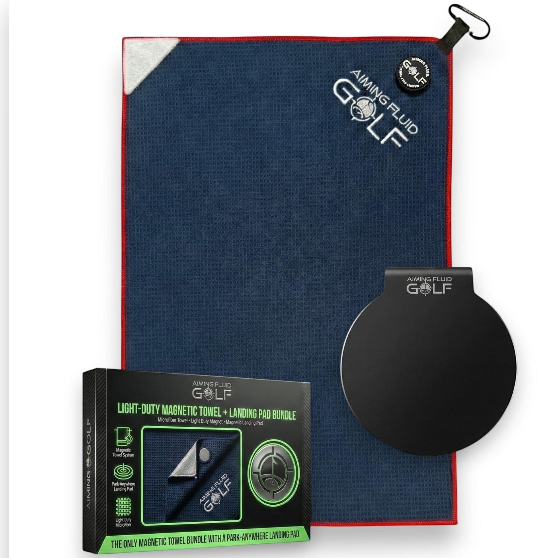 Light-Duty magnetic towel bundle with navy towel and magnetic pad by Aiming Fluid Golf on Tampa Home & Garden Store