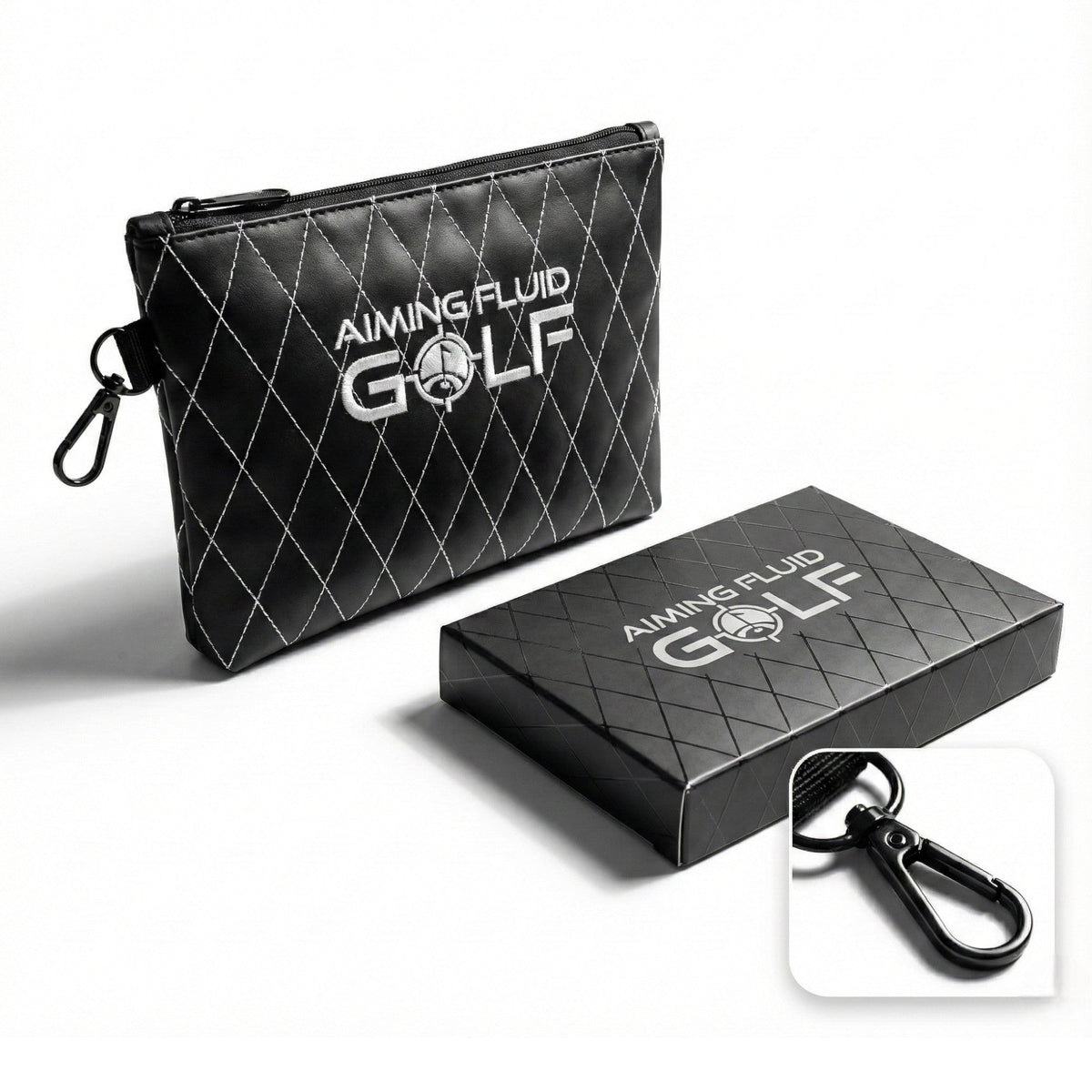 Leather Golf Utility Pouch by Aiming Fluid Golf in black quilted leather with white stitching on Tampa Home & Garden Store