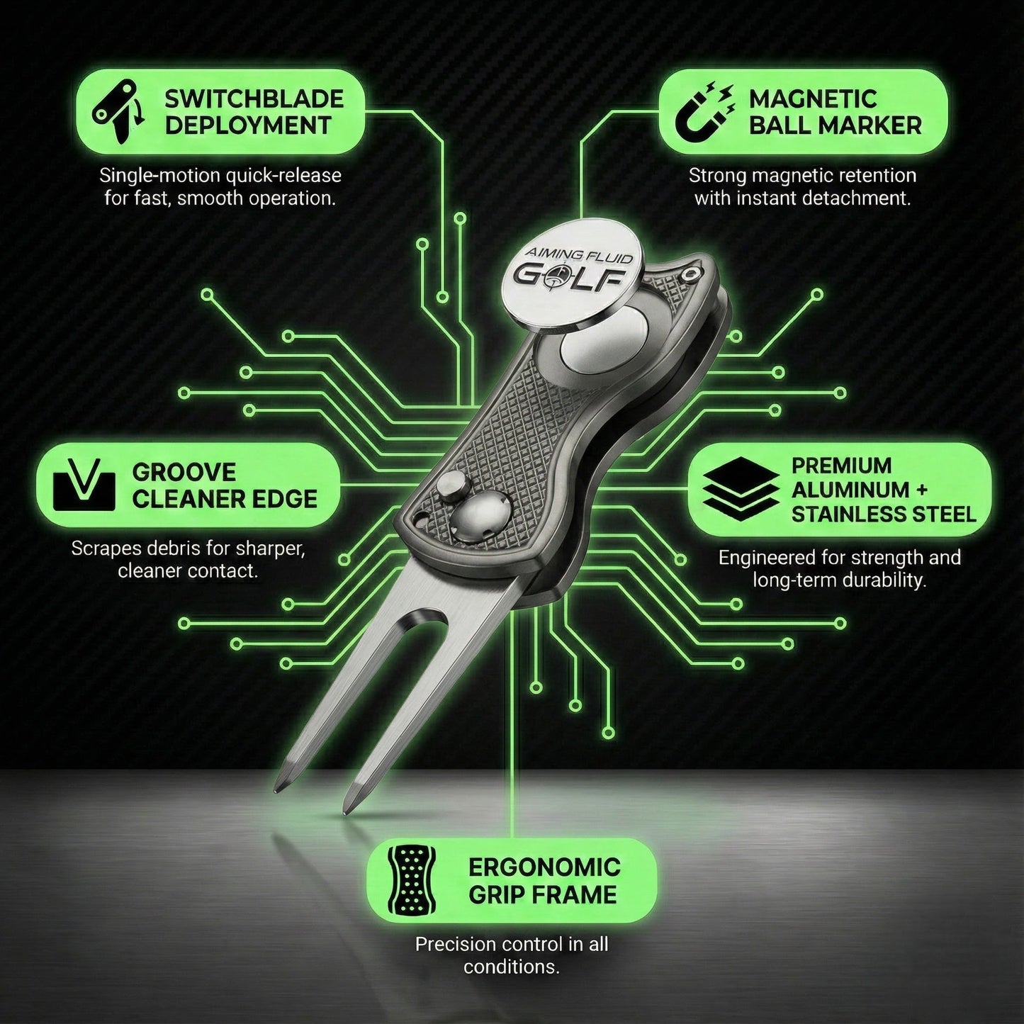 Foldable 5-in-1 divot tool with magnetic ball marker, Aiming Fluid Golf, golf bag accessory on Tampa Home & Garden Store