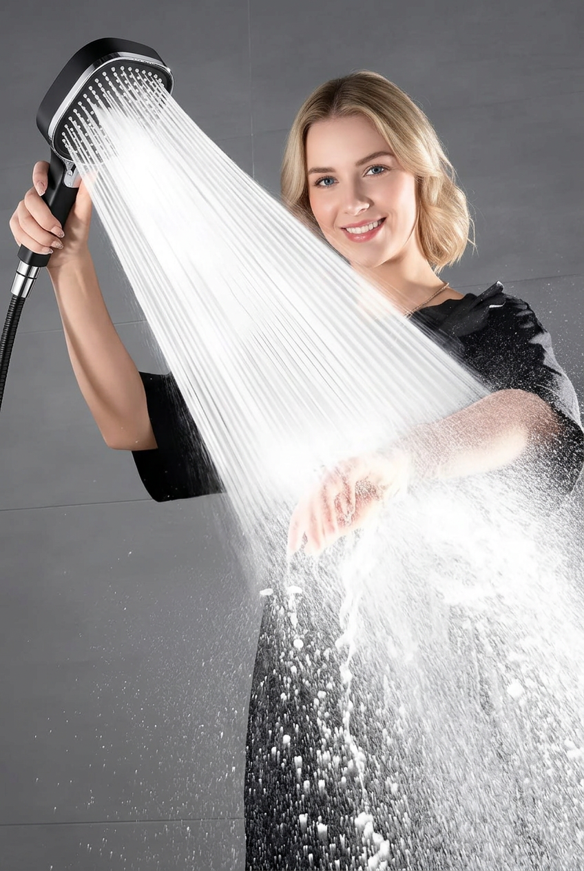 High Pressure Filtered Handheld Shower Head Moktan Sabai; black finish with chrome accents on Tampa Home & Garden Store