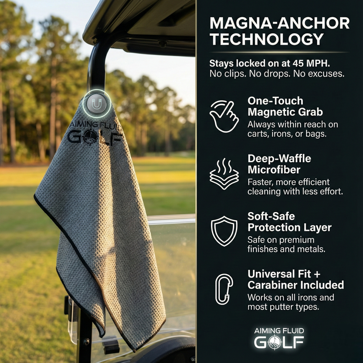 Magna-Anchor Magnetic Golf Towel by Aiming Fluid Golf, gray microfiber with magnetic U-clip on Tampa Home & Garden Store
