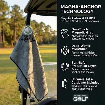 Magna-Anchor Magnetic Golf Towel by Aiming Fluid Golf, gray microfiber with magnetic U-clip on Tampa Home & Garden Store