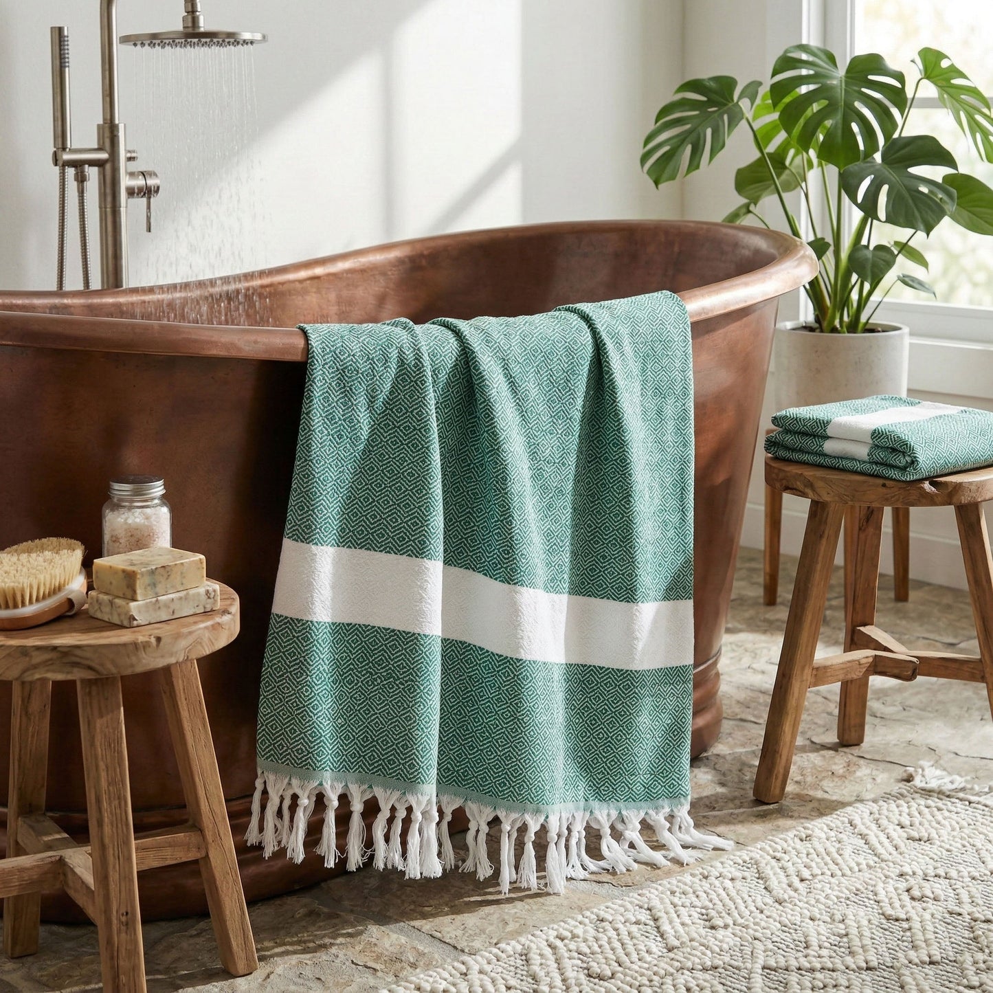 Haley Diamond Towel 200GSM teal geometric diamond pattern Gia Roma towel with white fringe on Tampa Home & Garden Store