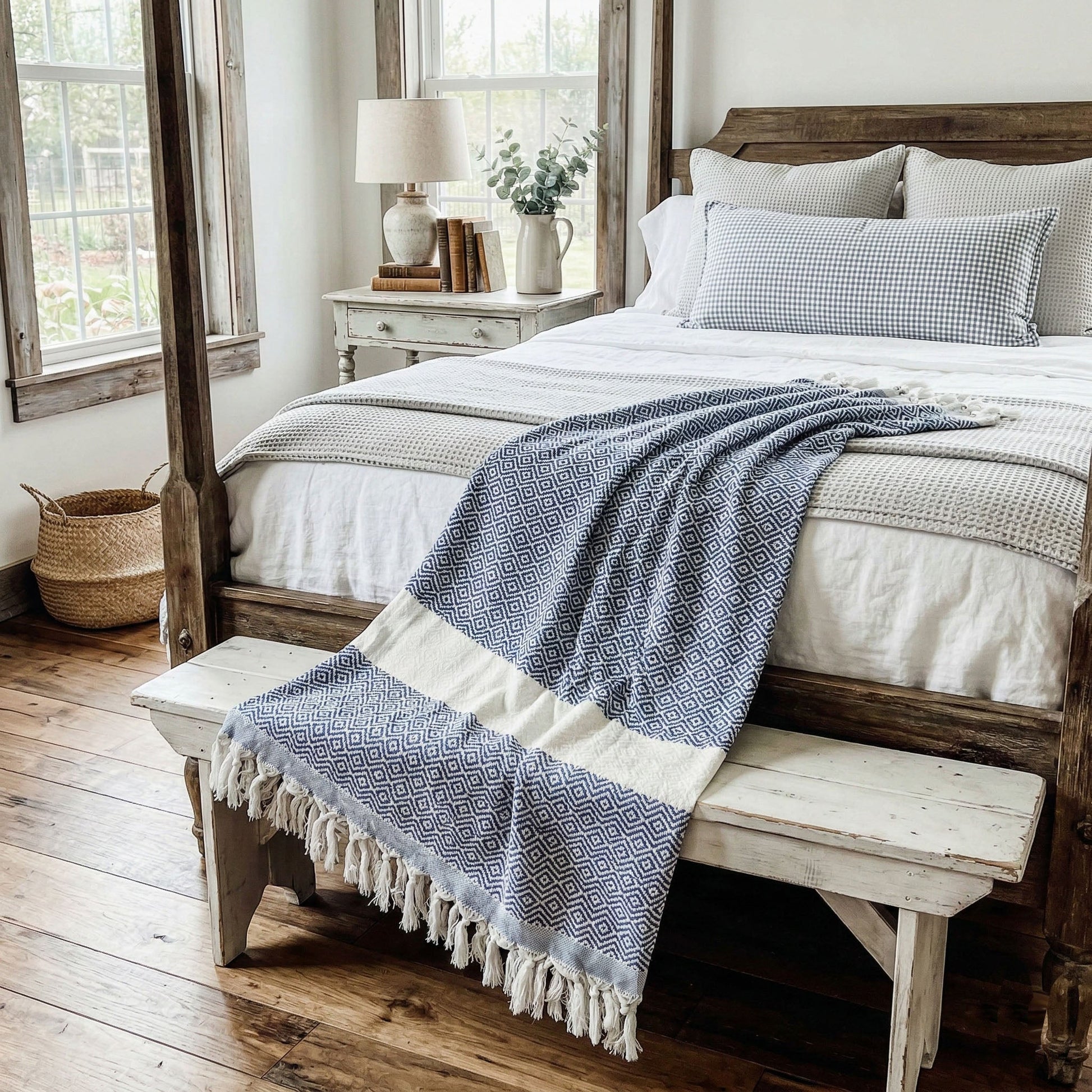 Haley Diamond Towel 200GSM beach towel by Gia Roma in blue white diamond pattern with tassels on Tampa Home & Garden Store