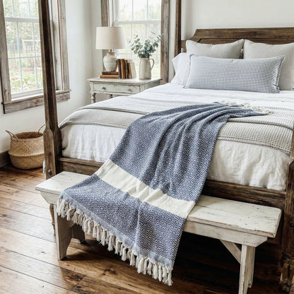 Haley Diamond Towel 200GSM beach towel by Gia Roma in blue white diamond pattern with tassels on Tampa Home & Garden Store
