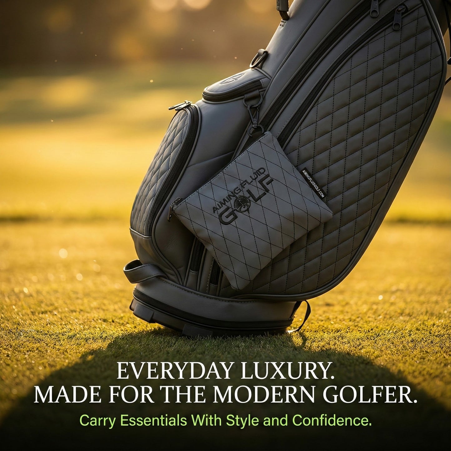 Leather golf utility pouch on quilted gray premium golf bag by Aiming Fluid Golf on Tampa Home & Garden Store