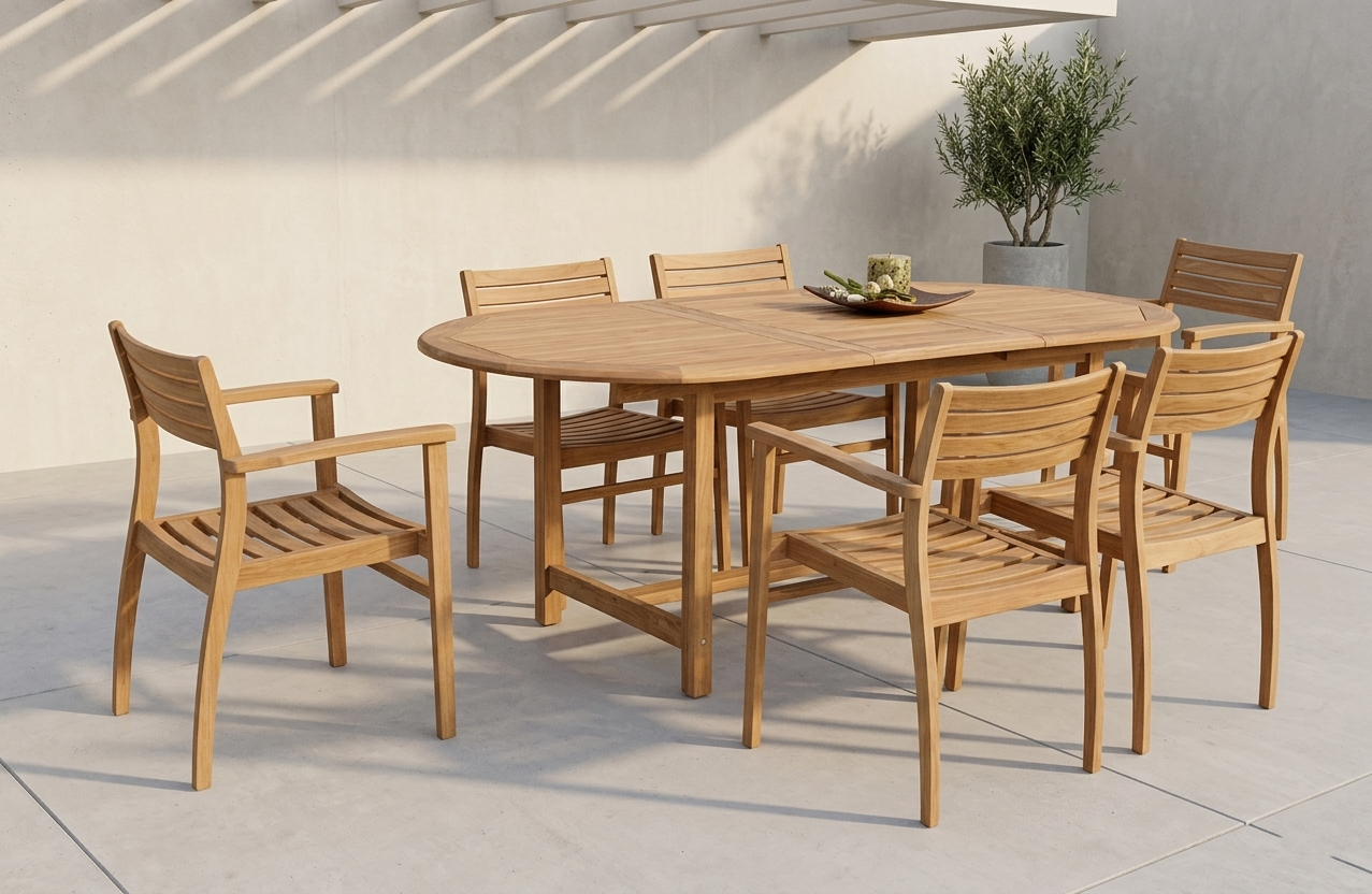 Julien FSC Certified Teak Wood Outdoor Patio Extendable Dining Set with 6 slatted chairs on Tampa Home & Garden Store