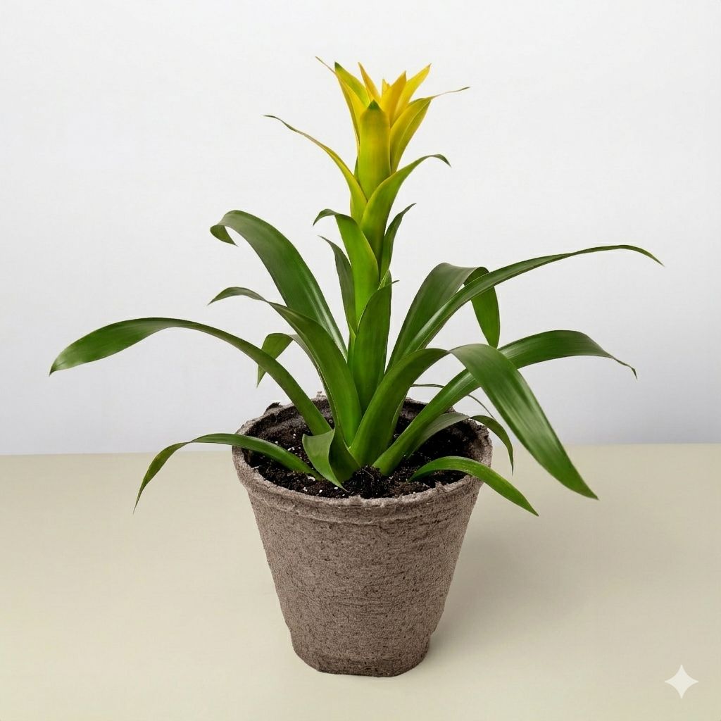 Guzmania Bromeliad Yellow plant with green leaves in brown pot Rooted Treasures Farms on Tampa Home & Garden Store