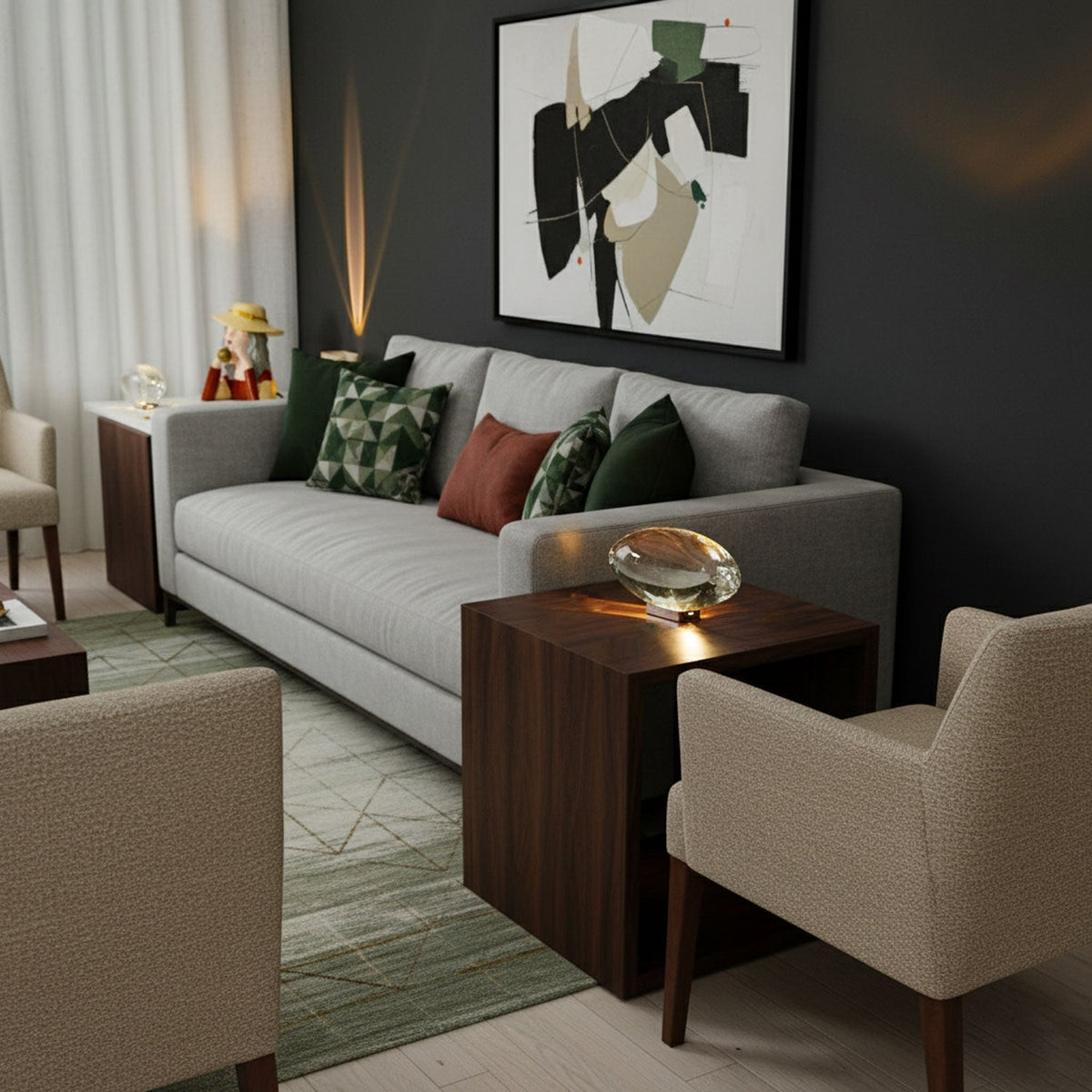 Seren crystal glass table lamp with chrome base on dark wood side table beside gray sofa on Tampa Home & Garden Store