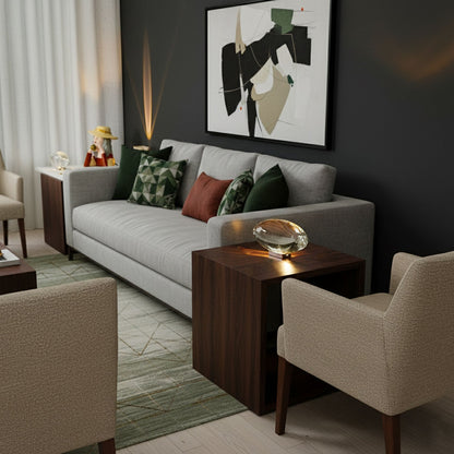 Seren crystal glass table lamp with chrome base on dark wood side table beside gray sofa on Tampa Home & Garden Store