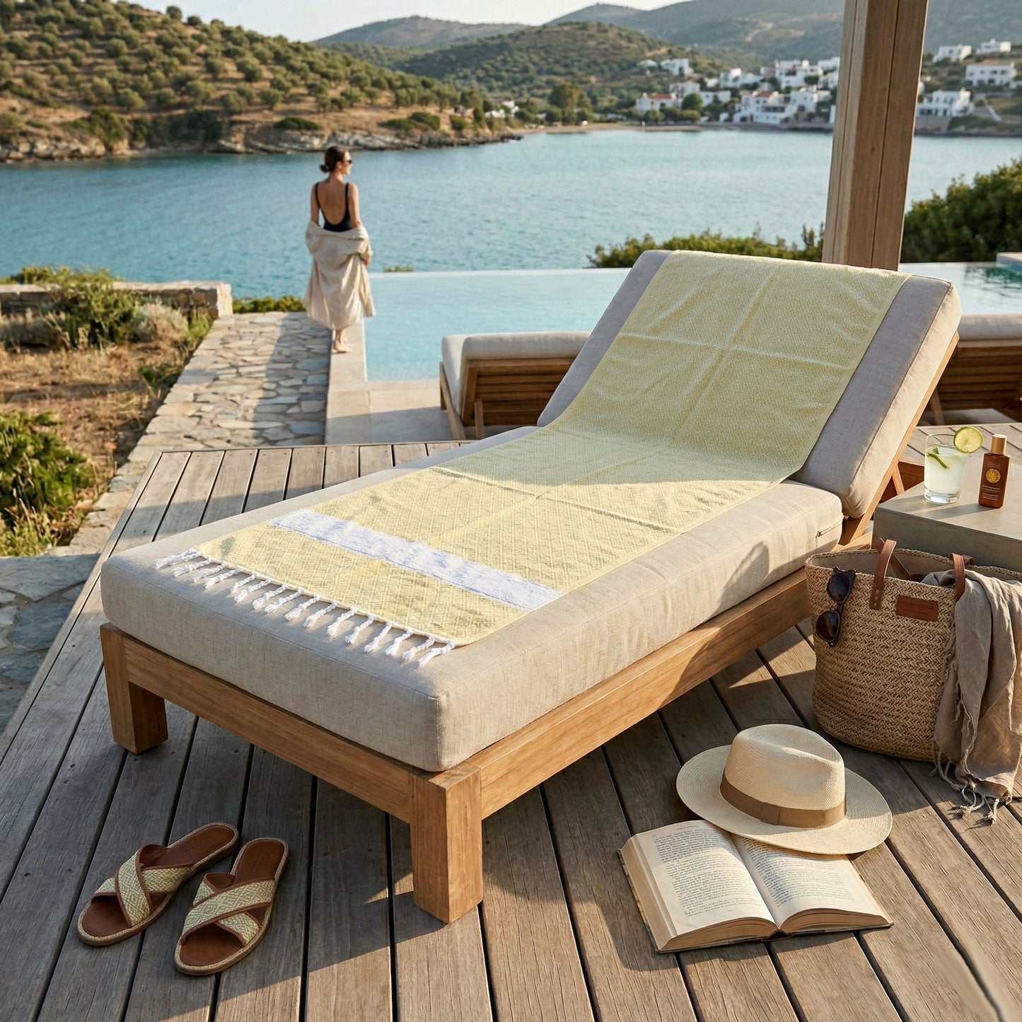 Haley Diamond Towel 200GSM Gia Roma pale yellow geometric beach towel on lounge chair on Tampa Home & Garden Store